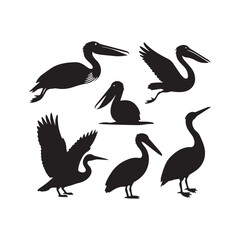 Simple pelican bird silhouette icons with a white background. 