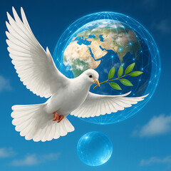 White dove flying with planet Earth in glowing blue light, symbol of peace, unity, global harmony and hope for humanity.