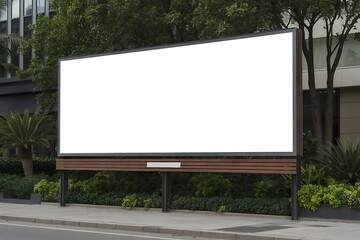 Fototapeta premium Blank billboard advertisement outdoor location city street with trees and buildings display space