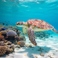 Obraz premium sea turtle and coral reef. sea turtle swimming. A sea turtle swimming in clear turquoise ocean water near a coral reef.