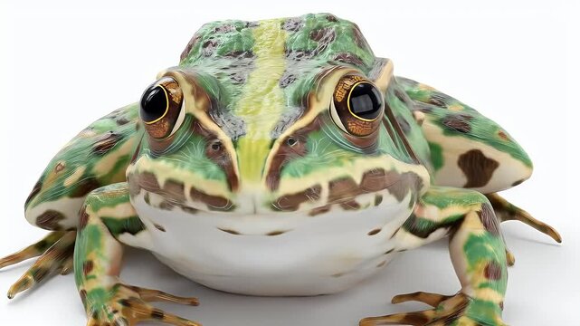 Detailed Close-Up of a Green and Brown Spotted Frog with Artistic Rendering