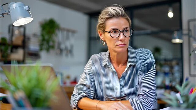 Businesswoman suffering from office, migraine menopause while working on laptop in headache touching her forehead with hand video 4k