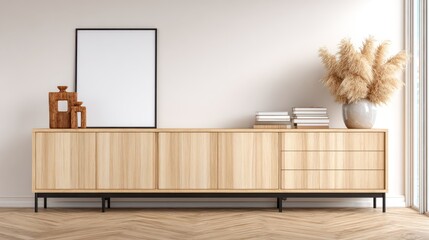 Minimalist Wooden Sideboard with Decor Items and Potted Plant in Bright Modern Interior