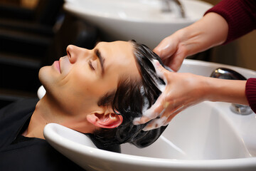 Fototapeta premium Man receiving shampoo and head massage at salon hair washing