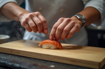 Closeup of chef hands preparing japanese food. Japanese chef making sushi at restaurant.