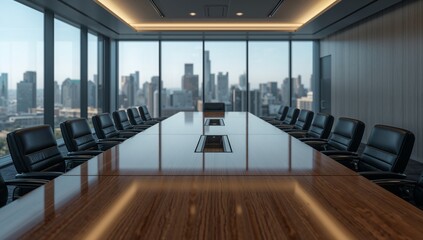 Sleek modern conference room with long wooden table, leather executive chairs, panoramic glass windows overlooking city skyline, high-resolution interior, Generative AI