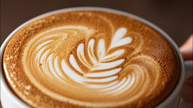 Barista skillfully latte milk into a coffee cup, crafting intricate pouring art designs that enhance the beverage's visual appeal video 4k