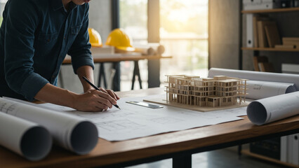 Architect reviewing blueprints and architectural model; modern office workspace.