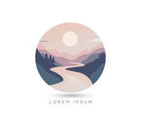 Mountain river view landscape logo design with water wave colorful template 