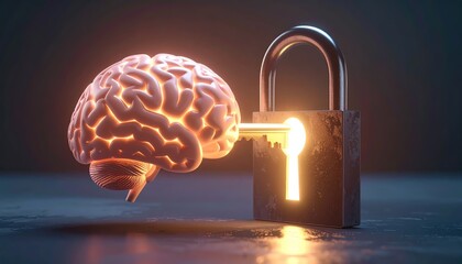 Unlocking the Mind's Potential: A glowing brain with a key in a symbolic representation of knowledge, creativity, and mental exploration.
