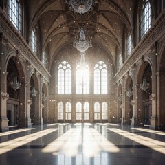 Obraz premium Grand ballroom with sunbeams and sparkling dust motes through arched windows interior