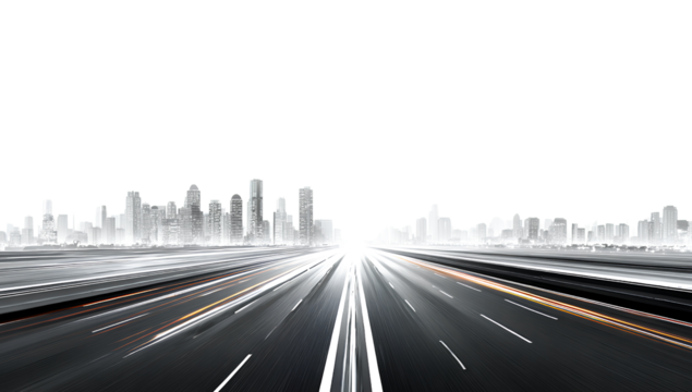  highway with city skyline in the background, on a white transparent background, in png format 