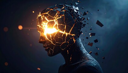 Mind's Fiery Fracture: A surreal depiction captures the intense internal turmoil, highlighting the disintegration of a mind, with the fiery energy radiating outward.