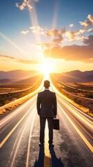 Journey to Success: A determined businessman stands tall, facing a bright horizon on a long, straight road. The image symbolizes ambition, progress.
