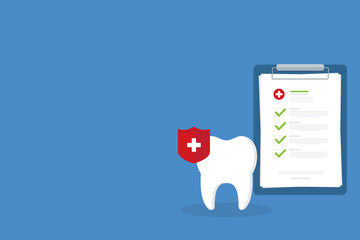 Dental insurance, dental care concept. Dental insurance form, tooth and shield , flat design graphic elements