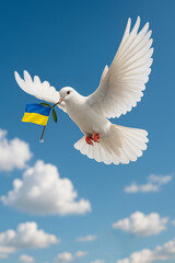 Obraz premium White dove carrying Ukrainian flag ribbon in flight, symbol of freedom, peace, unity and hope for Ukraine.