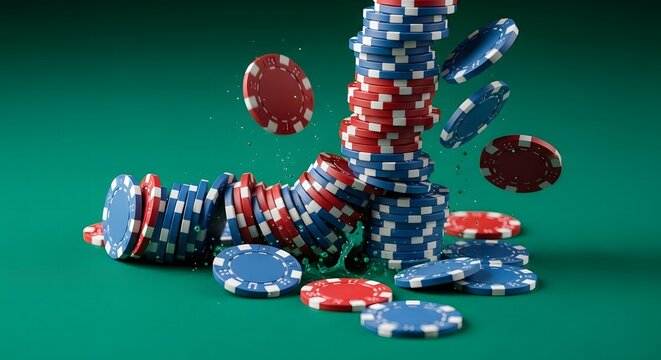 Towering stacks of red and blue casino chips falling over with motion blur representing gambling and fortune