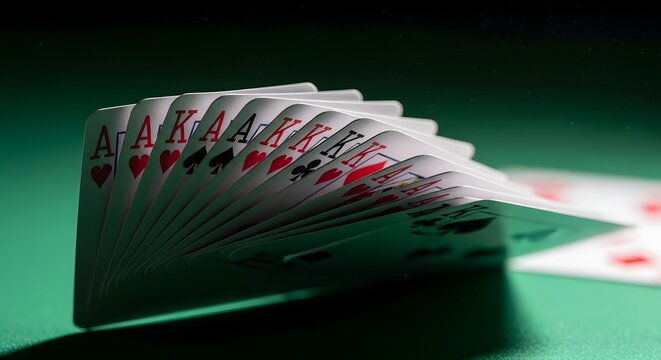 Fan of playing cards with kings and aces on green felt surface