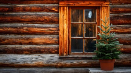 Cozy Log Cabin Exterior with Window and Small Evergreen Tree Displaying Rural Simplicity