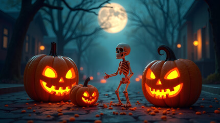Fototapeta premium Glowing Pumpkins & Skull on a Foggy Halloween Night