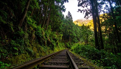 Lush green forest surrounds a winding railway track, leading into a misty mountain range.