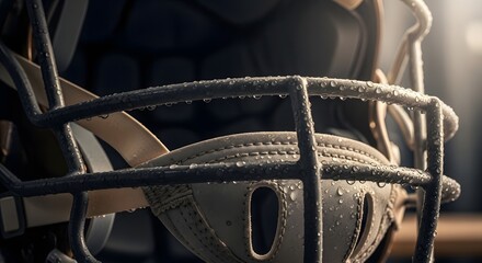 American football helmet with ball and water droplets in locker room