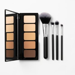 Makeup palette with five shades and four makeup brushes on white background foundation