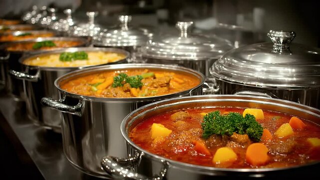 Culinary Feast: Steaming Pots of Gourmet Stews and Soups Ready to Serve