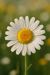 Fototapeta premium White daisy flower with yellow center closeup, macro floral background symbolizing purity, beauty, simplicity and freshness.