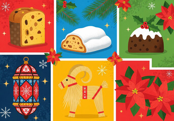 A festive and colorful graphic illustration showcasing a variety of winter holiday symbols and traditions from around the world.
