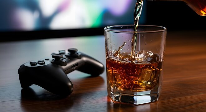 Gamer pouring alcoholic drink into glass next to controller for evening relaxation - Powered by Adobe