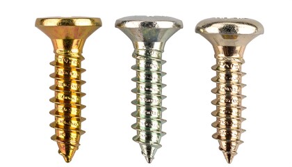 Three Different Screws: Golden, Silver, and Bronze, Isolated on White Background