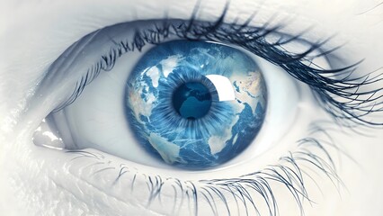 Naklejka premium World Within a Gaze: A stunning macro captures a piercing blue eye, its iris intricately replaced by the Earth, conveying a sense of global awareness and interconnectedness.
