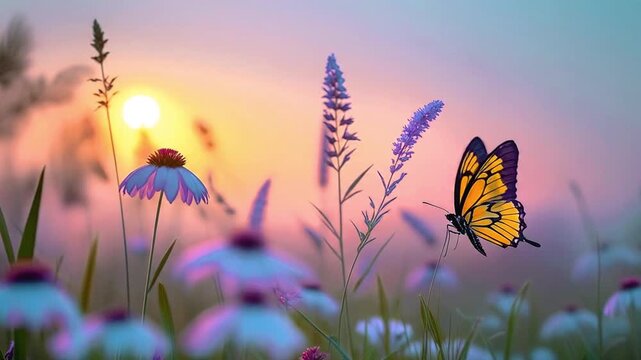 a butterfly in mid-flight among tall wildflowers and grasses.