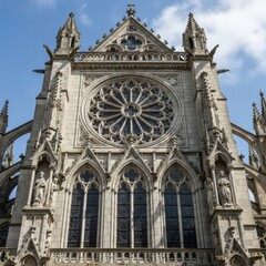 Ornate Gothic Cathedral Facade with Rose Window and Statues architecture building