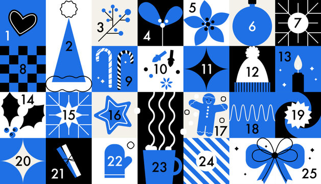 Christmas advent calendar in blue color. Vector flat design with holiday decoration icons, xmas bauble, snowflake, holly leaves, gingerbread cookie. Abstract mosaic festive layout for December sales