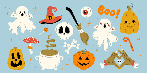 Happy Halloween day element background vector. Cute collection of spooky ghost,cat, kawaii, hat, skull, pumpkin, zombie, hand, mushroom. Adorable halloween festival elements for decoration, prints.
