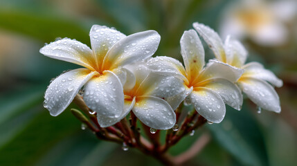 Obraz premium White Plumeria Flowers with Dew Drops