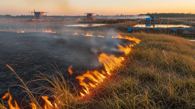 Golden Flame Rises Over a Dry Grass Field at Sunset Creating Billows of Smoke and Burning Grass with Towers at the Background