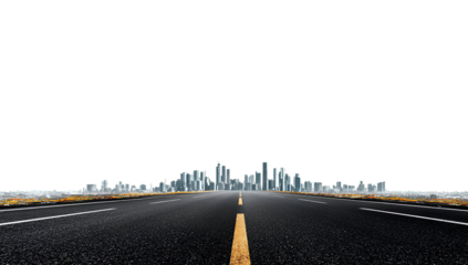 highway with city skyline in the background, on a white transparent background, in png format
