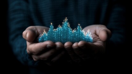 A mature man's hands gently cradle a glowing, digital data visualization resembling a cityscape