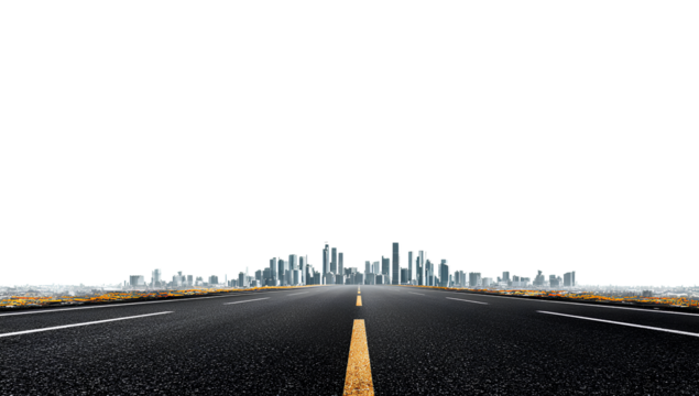 highway with city skyline in the background, on a white transparent background, in png format