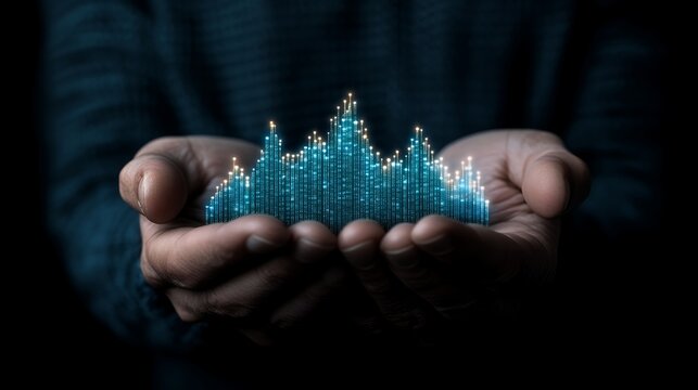 A mature man's hands gently cradle a glowing, digital data visualization resembling a cityscape