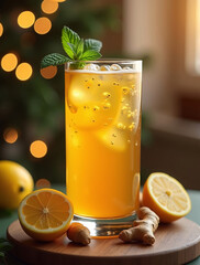 Fototapeta premium Realistic kombucha detox drink in transparent glass with golden bubbles, lemon, mint, ginger, elegant holiday background with blurred lights, wellness lifestyle photography