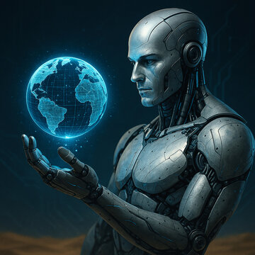 Futuristic robot holding holographic planet Earth, concept of technology, artificial intelligence and global future.