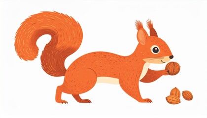 Obraz premium Red Squirrel Holding a Nut with Large Bushy Tail on White Background