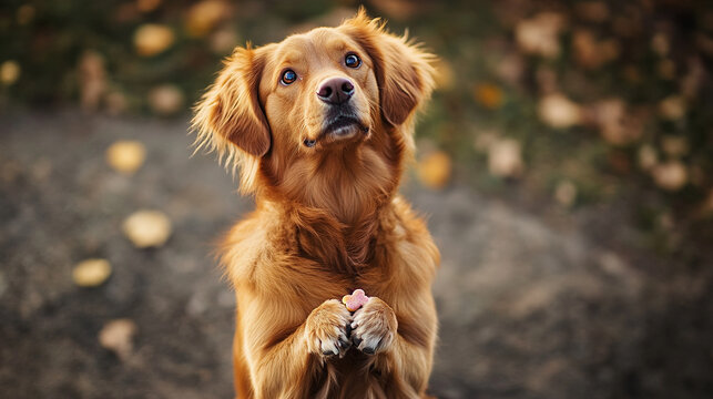 A dog eagerly waiting for a treat, sitting on its hind legs with a hopeful expression.