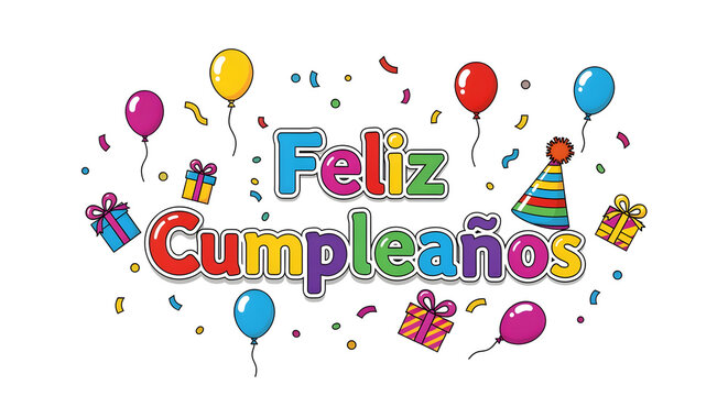 Playful Feliz Cumplea&ntilde;os greeting text illustration with balloons hearts and party decorative elements for birthday celebration