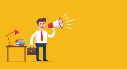 Animated Office Worker with Loudspeaker on White Background , Happy Cartoon Character in Shirt and Tie for Advertising, Communication, and Corporate Message Design