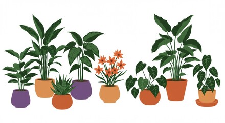 Fototapeta premium Assorted Houseplants and Succulents in Decorative Pots , Cartoon Botanical Illustration with Green Leaves and Flowers Isolated on White for Gardening and Home Decoration Art